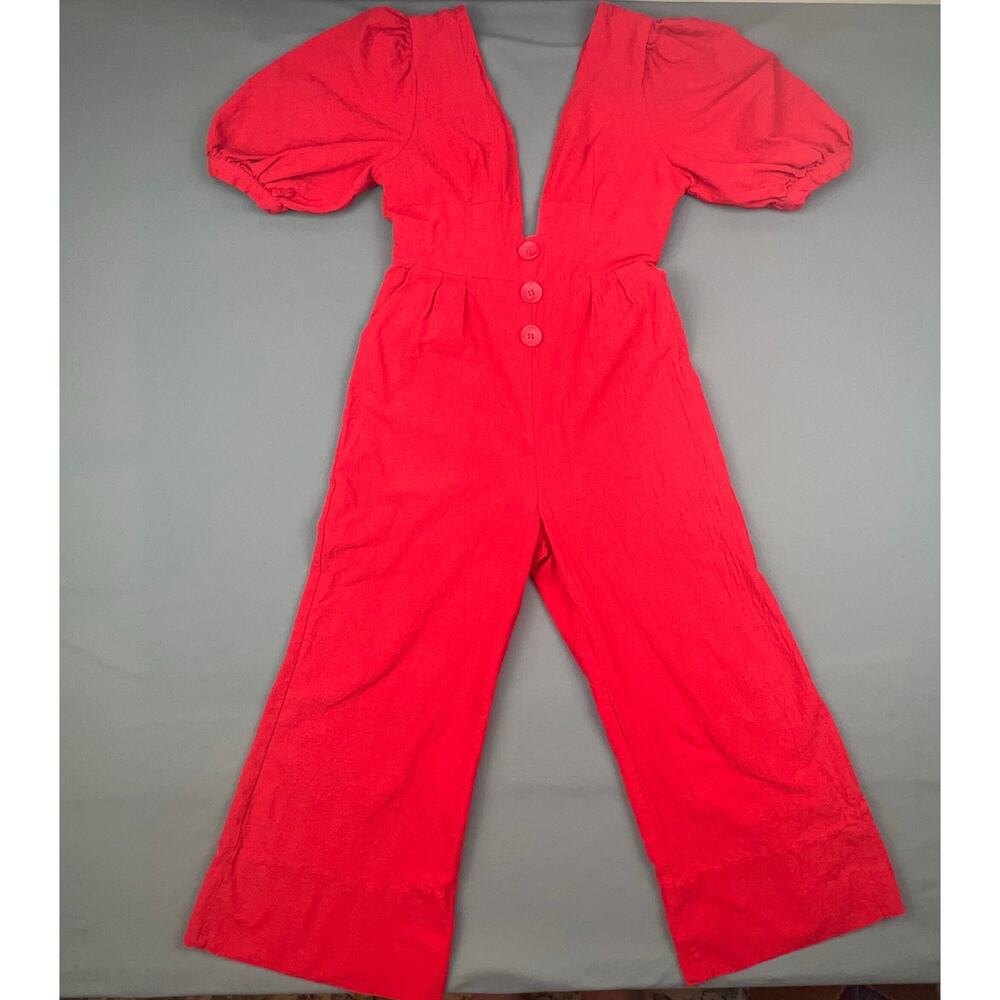 Mulla Red Linen Jumpsuit | Puff Sleeves Deep V Tie Back | Size M